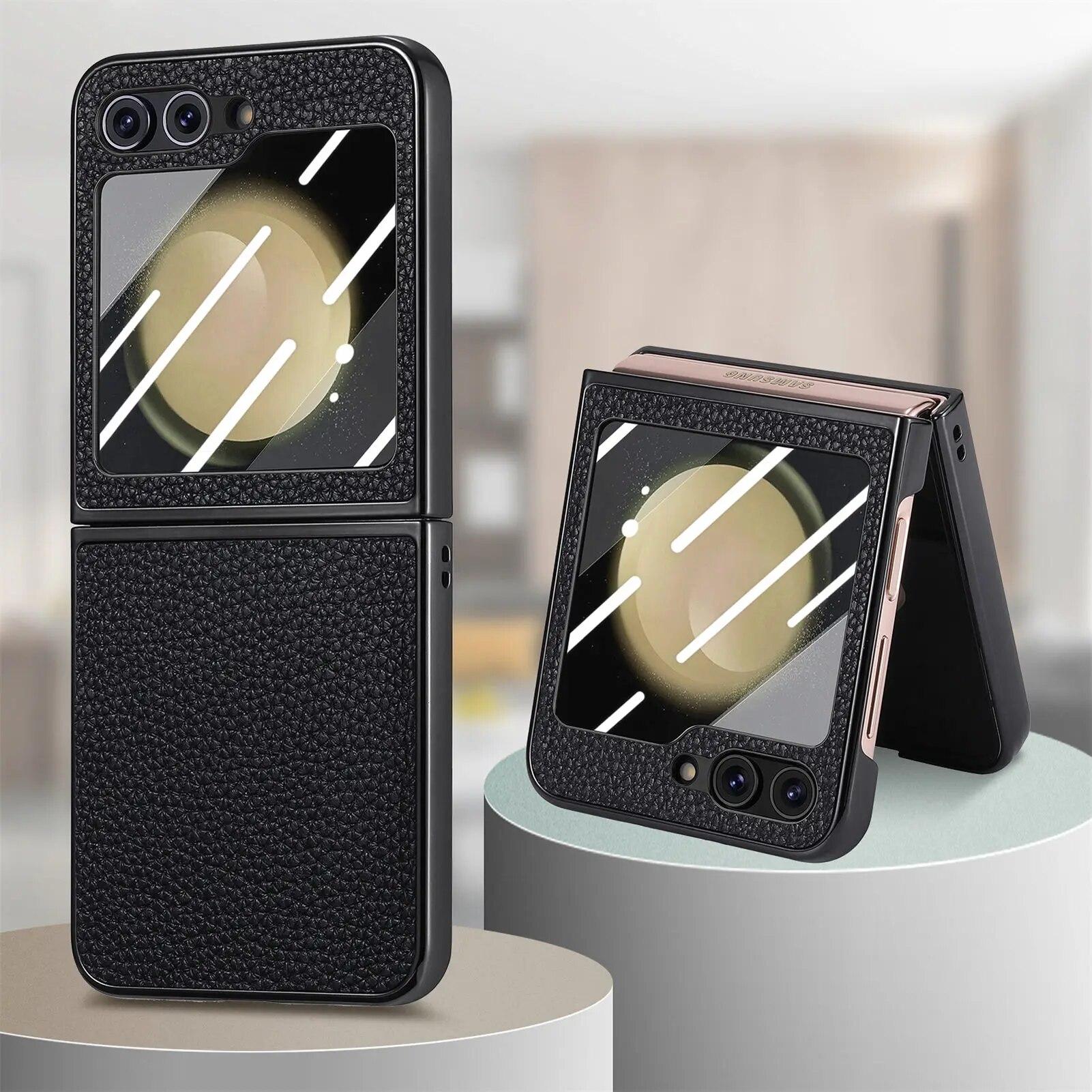 

Роскошный чехол с покрытием из личи для Samsung Galaxy Z Flip 5 4 5G, противоударный чехол из искусственной кожи, защитная пленка For Galaxy Z Flip 5 чёрный