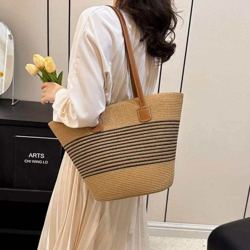 Fashion Straw Woven Tote Bag Square Stripe Woven Shoulder Bag Underarm Bag Large Capacity Vacation Beach Bag Women's Handbags