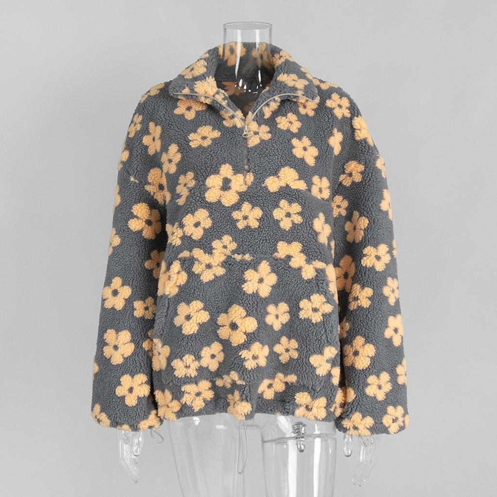 2025 Winter Autumn Women's Fleece Floral Sweatshirt Fashion Warm Fuzzy Pullover Top