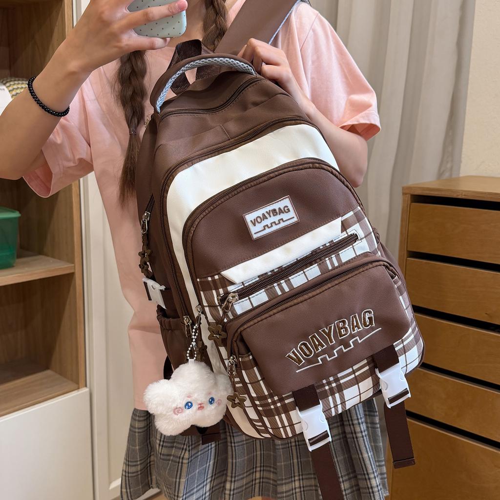 Schoolbag Korean version of Mori college student schoolbag female high-value plaid contrasting color college wind burden reduction multi-compartment