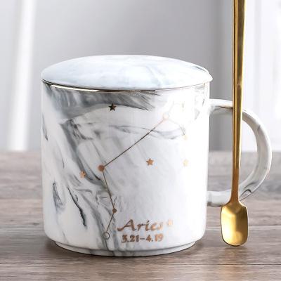 400ML Twelve Constellation Marble Cup with Cover Long Spoon Ceramic Party Tableware Set Porcelain Breakfast Coffee Mug Cup
