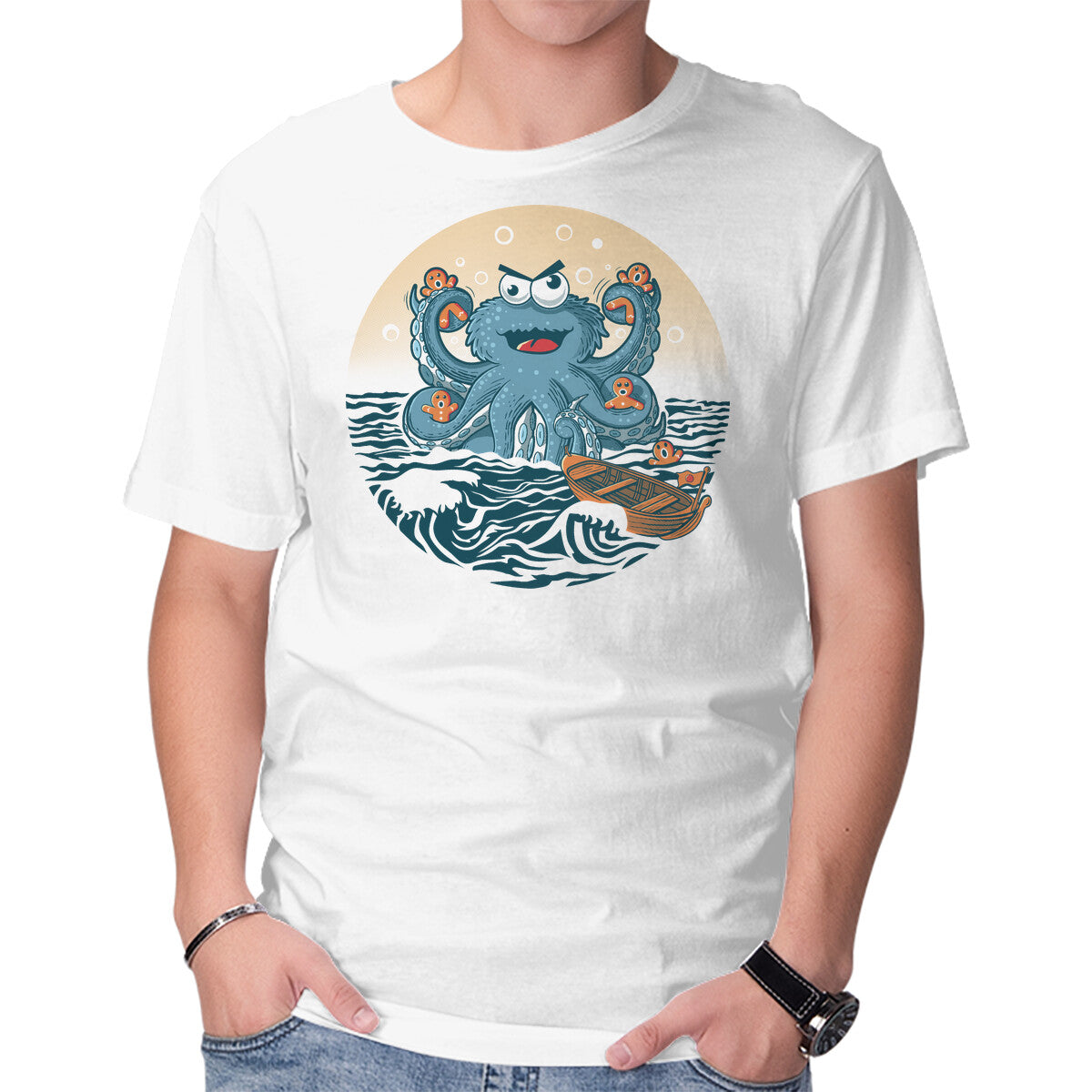 Unisex Crew Neck T-Shirt Cookie Kraken Attack Graphic Short Sleeve Casual Tee XXXL