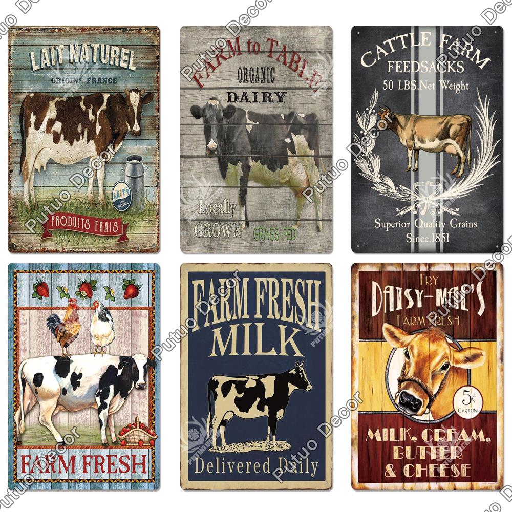 Putuo Decor Farm Tin Sign Milk Vintage Tin Sign Plaque Metal Plate Retro Poster for Farmhouse Cow Pig Wall Stickers Art Decor