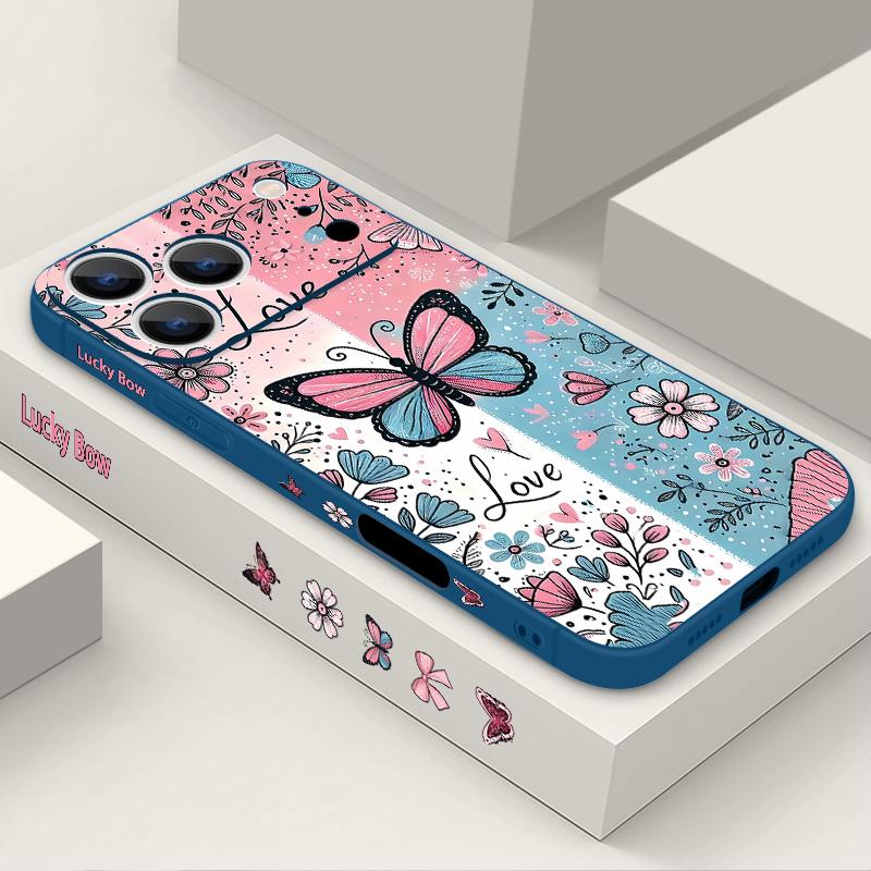 For iPhone 17 Pro Max Case Blue Pink Butterfly Floral Pattern TPU Silicone Soft Cover For iPhone 16 Pro Max 15 14 13 12 11 16E Air