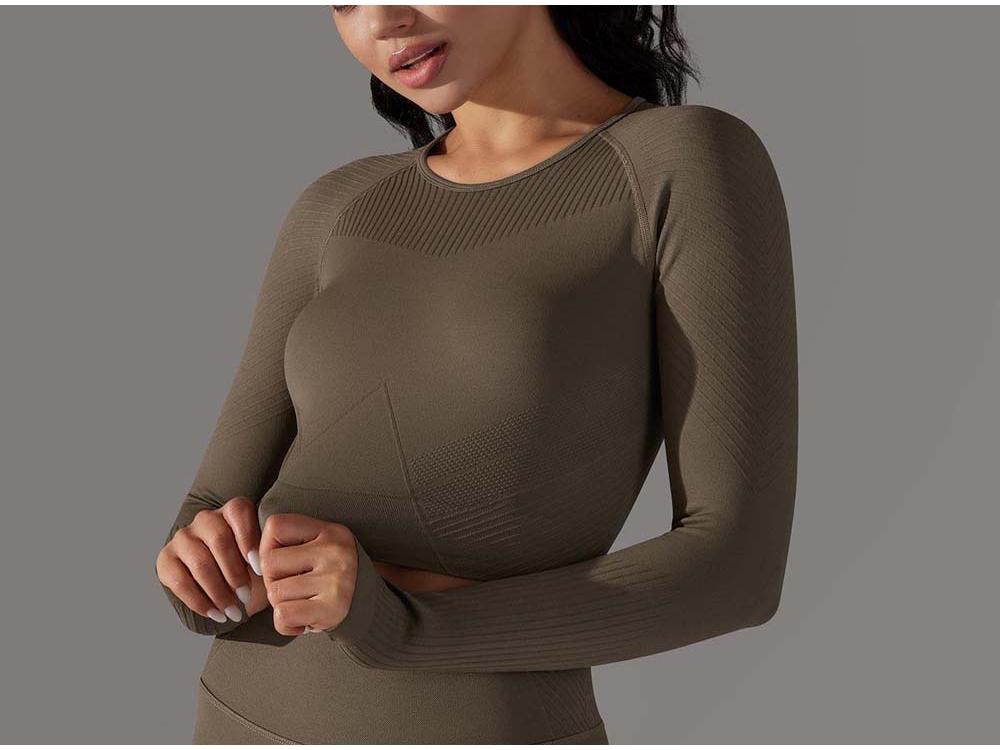 

Трансграничный европейско-американский топ с длинным рукавом для бега и йоги на открытом воздухе с защитой рук - эластичный рубчатый круглый вырез Large темно-коричневого