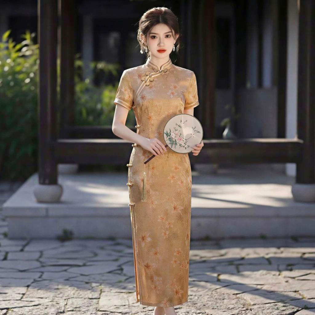 Retro national style golden cheongsam 1 new double-sided forging temperament thin waist daily improvement long dress