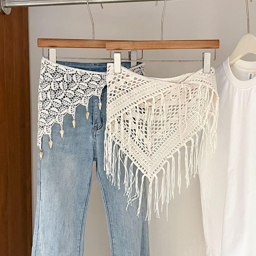 Böhmischer Fransen-Strick-Dreiecksschal Landhausstil Ethnischer Stil Häkelblumen-Schals Kleiderdekoration Weiß