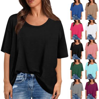 Mode Einfarbig T Shirts Für Frauen Sommer Kurzarm Tops Lose Scook Neck Bluse Tops