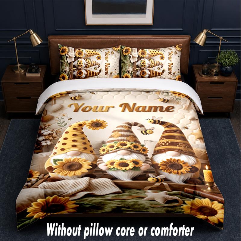 Gnome Theme Custom Text Or Name 3Pcs Bedding Set,1 Flat Sheet & 2 Pillowcases Personalized Home Bedding