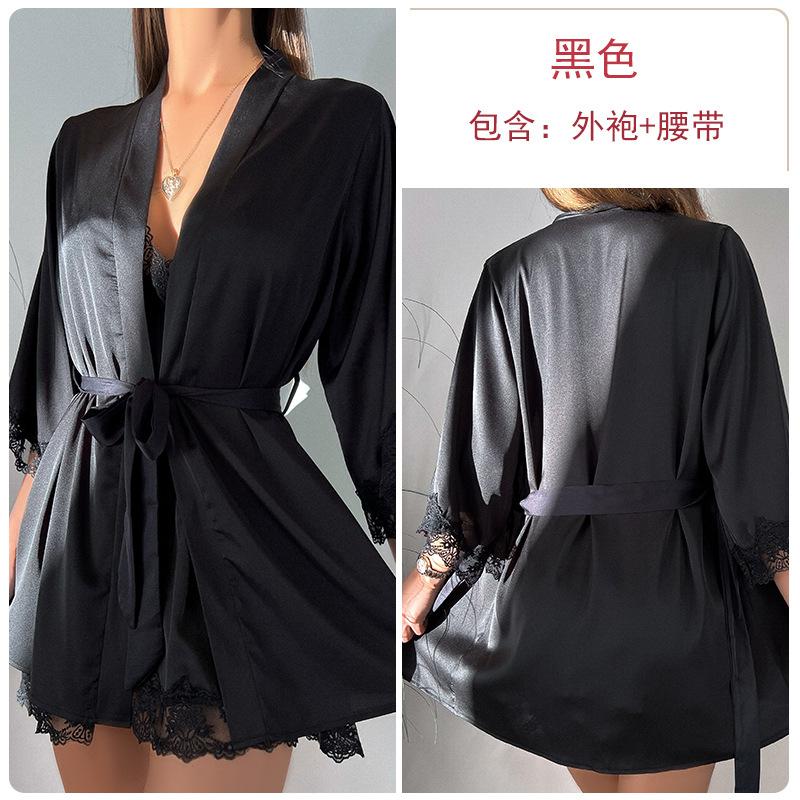 Women's Satin Mesh Deep V Comfy Cami Sleep Dress with Robe Lounge Set