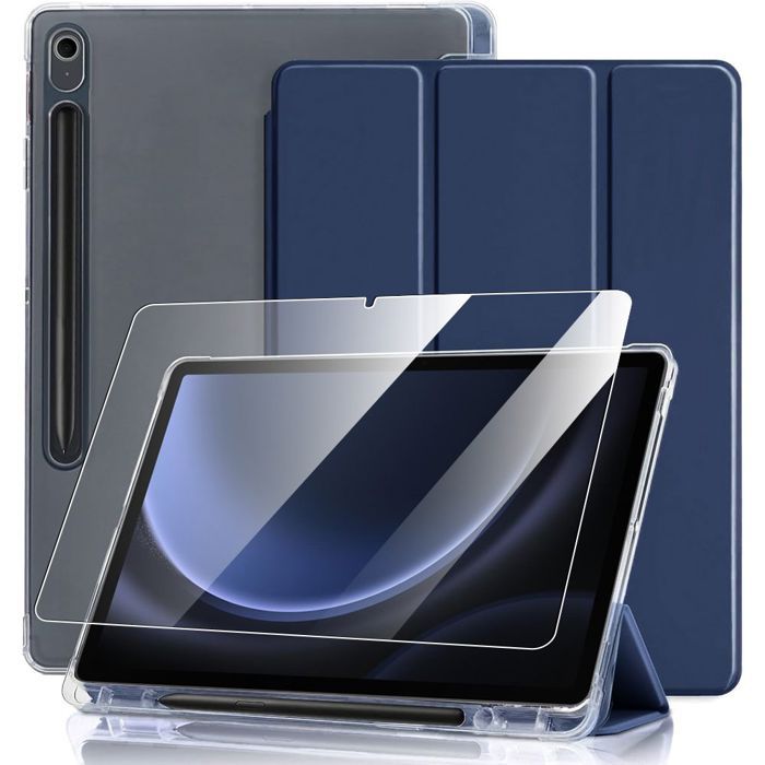 Coque + Verre Trempé - BOOLING - Samsung Galaxy Tab S10 FE/S9 FE - Silicone - Bleu Marine - Avec Porte-Stylet