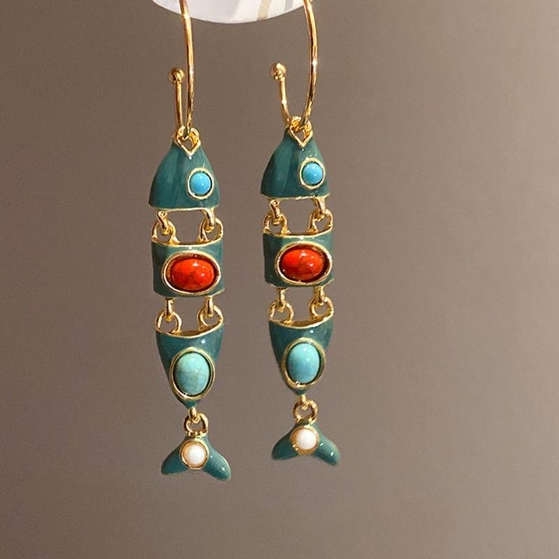 1 Pair Vintage Fish Tassels Enamel Long Hoop Earring for Women Gold Plated Alloy Lightweight Comfort for Casual and Party Wear