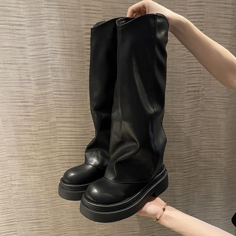 Fashion retro British style thick heel platform Martin boots women's 2025 autumn versatile new trouser tube boots long boots