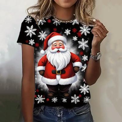Santa Claus Print T Shirt For Women's X'mas Harajuku Streetwear Fashion O-Neck Short Sleeve Top New Year Gift Oversized T-Shirts