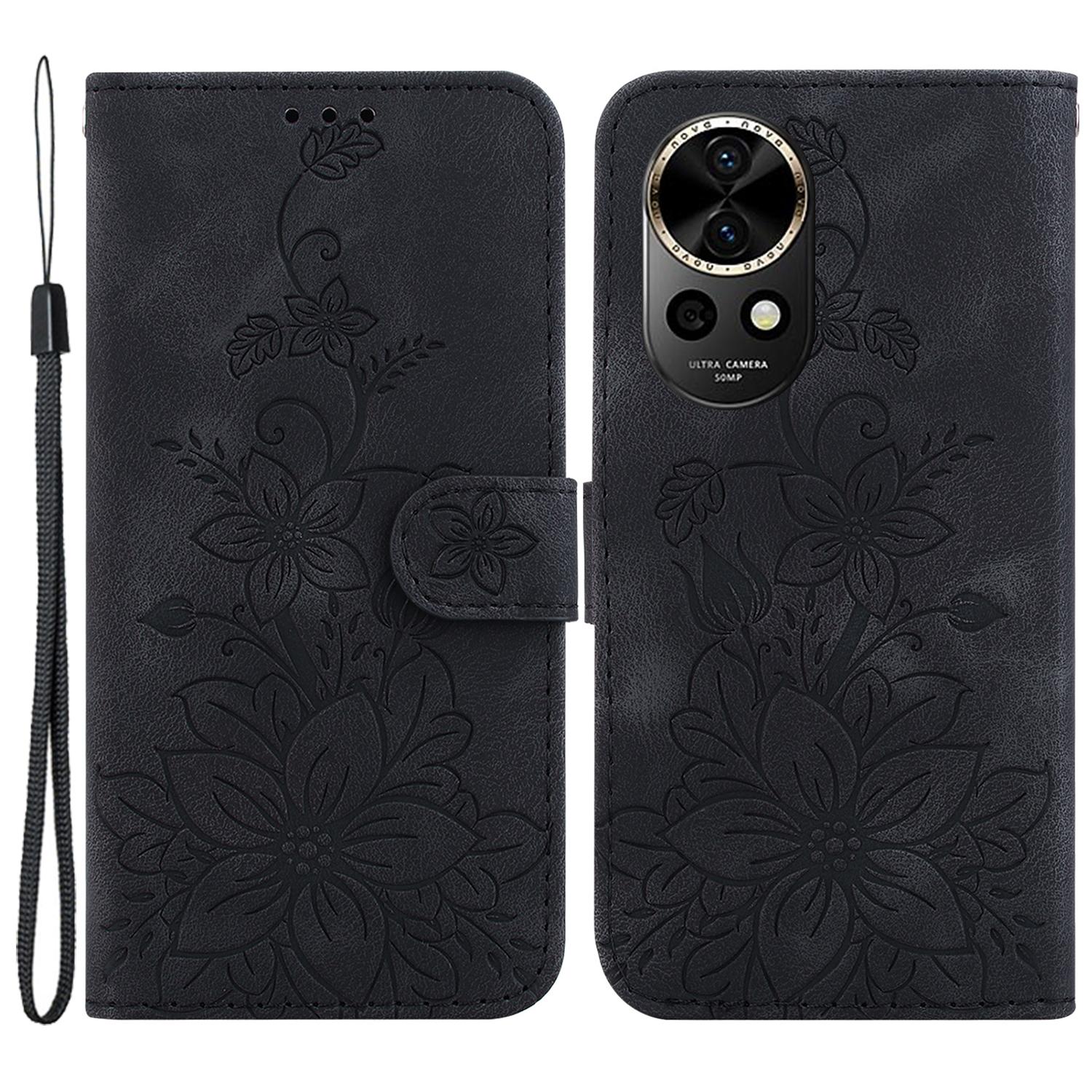 

For Huawei nova 12 5G Wallet Case PU Leather Phone Cover Flower Imprinted Black