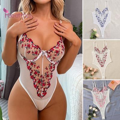 Damen-Bodysuit, durchsichtiges Mesh-Patchwork, schmale Schlafanzüge, sexy Passform, dünn, erfrischend, dünn, tief ausgeschnittener, rückenfreier Damen-Spielanzug mit Blumenstickerei