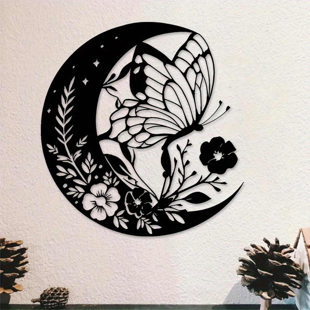 1pc Butterfly Moon Metal Wall Art Black Floral Crescent Sculpture Home Decor 15.75x14.88 Inch Housewarming Wedding Anniversary Christmas Gift