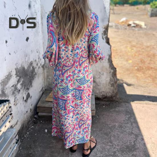 Bedrucktes Maxikleid für Damen, Frühling/Sommer, V-Ausschnitt, Boho-Urlaubskleid, lange Ärmel, lockeres Kleid mit Taschen für den Alltag, Partys, Strand
