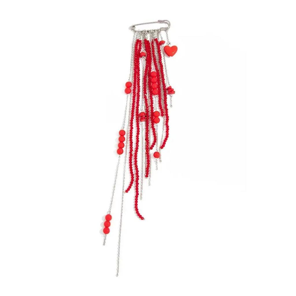 SHIXIN Exaggerated Red Crystal Bead Brooch Women Punk Long Tassel Chain Heart Pendant Brooch Suit Decoration Jewelry Accessories