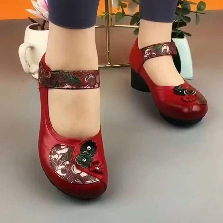 Women's Spring Soft Leather Soft Sole Medium Heel Thick Heel Retro Casual Women's Shoes Ethnic Style