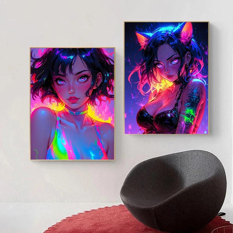Sexy And Cool Cyberpunk Style Laser Neon Anime Girl Poster Canvas Print Wall Painting Living Room Bedroom Home Decoration Gifts