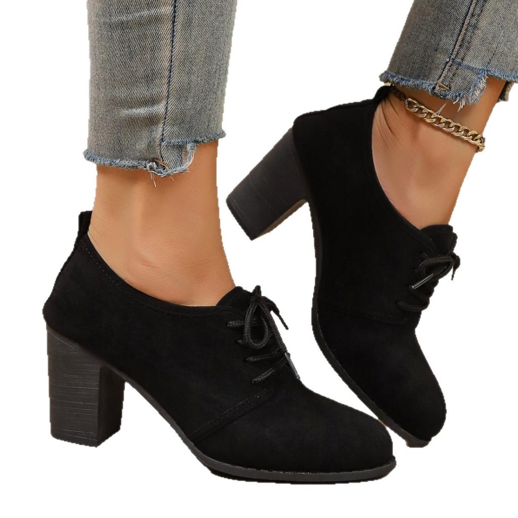 Elegant small leather shoes 22 trendy suede thick high heels autumn beautiful front lace-up Mary Jane shoes