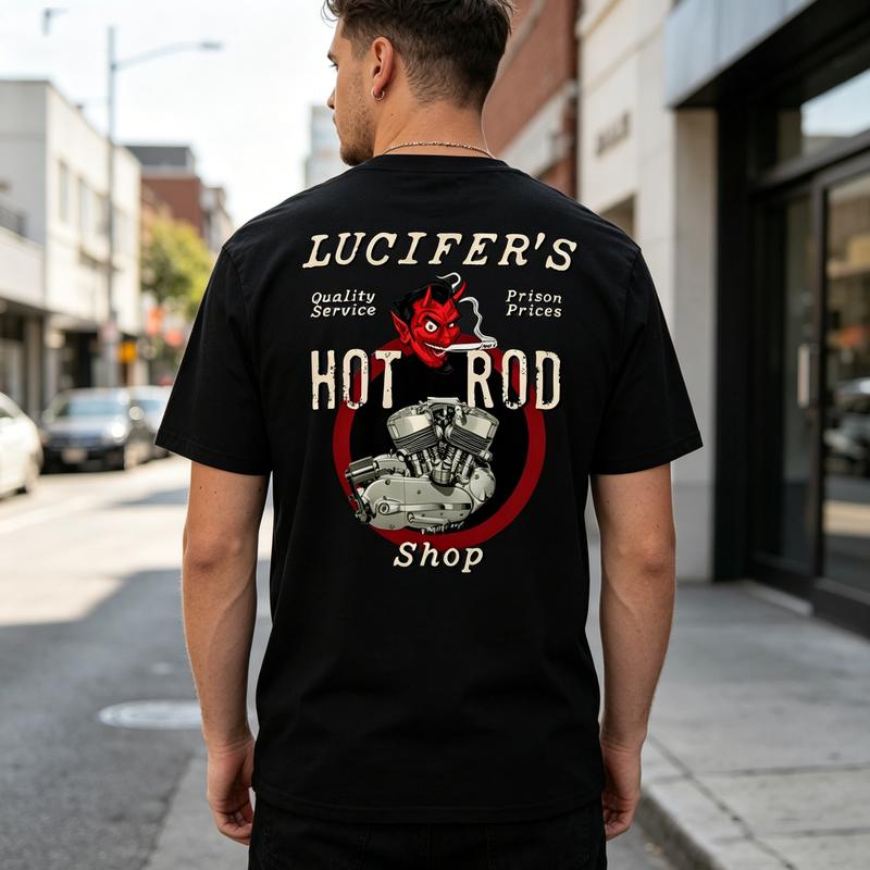 Lucifers Hot Rod Shop Graphic T Shirt Vintage Devil Car Print Unisex Soft Cotton Crew Neck Short Sleeve Trendy Casual