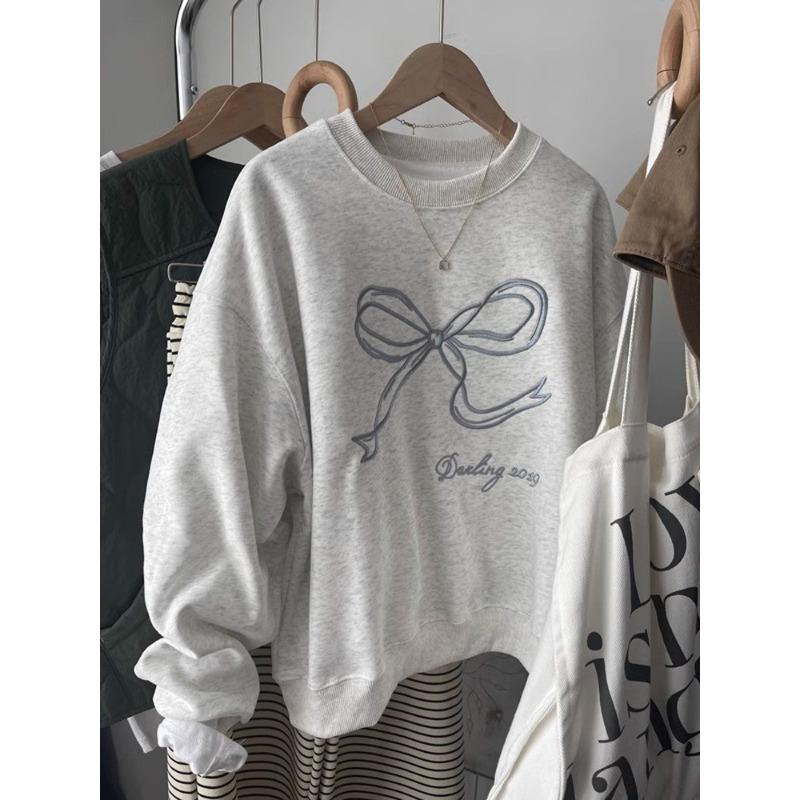 Huamian real shot vze crew neck sweater women's season loose bow embroidered top