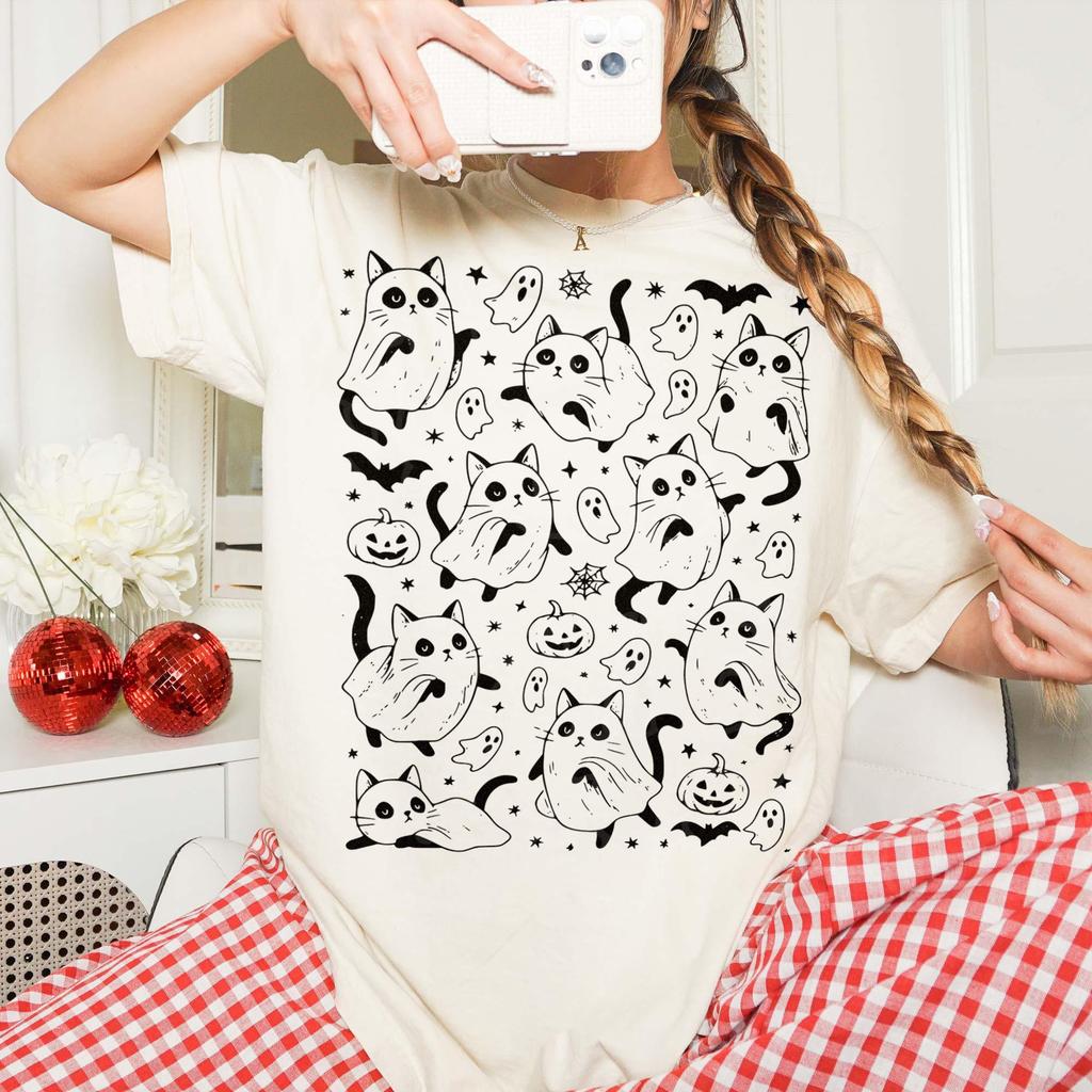 Ghost Cat Comfort Colors® T-Shirt for Men Women, Vintage Halloween Graphic Tee, Kawaii Aesthetic, Whimsigoth Clothing, Spooky Season Gift