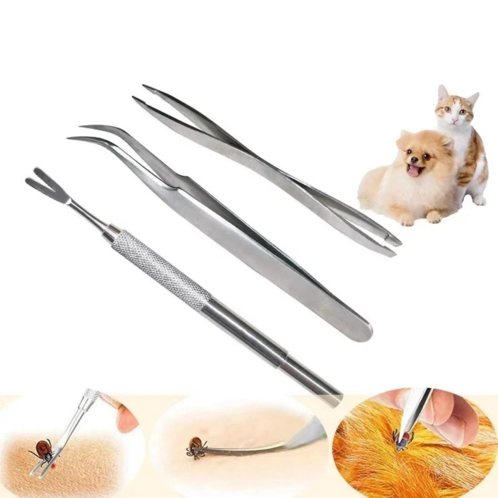Set da 3 Pezzi in Acciaio Inossidabile Strumento per la Rimozione delle Zecche Forchetta per Zecche Pinza a Doppia Testa Pinzette Professionali per Zecche Pinza Piegata Portatile