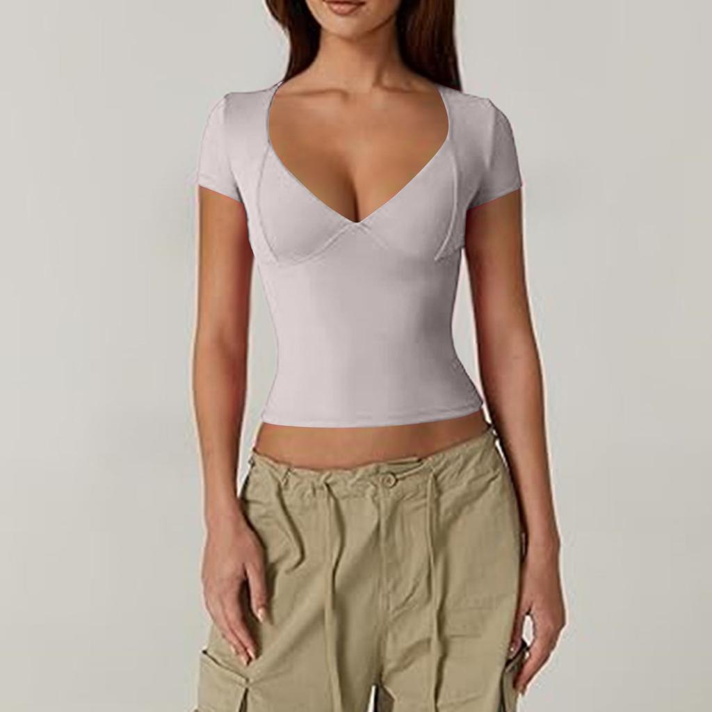Women's Top Slim Fitting T-Shirt V-Neck Top With Bottom Short Sleeved Sexy Solor Top T-shirt