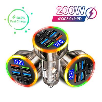 Cargador de coche de 200 W con 6 puertos, carga rápida PD QC3.0, USB C, adaptador tipo C para iPhone, Samsung, Huawei y Xiaomi.