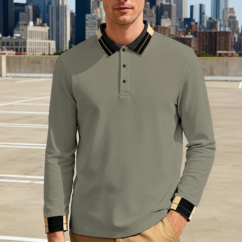 Nowa wiosenno-jesienna luźna męska koszulka polo jacquard w jednolitym kolorze, z długim rękawem
