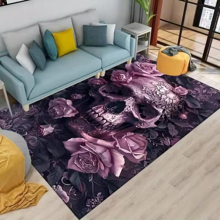 VIKAMA Gothic Rose Skull Non-slip Washable Rug for Living Room Gaming Room Decor