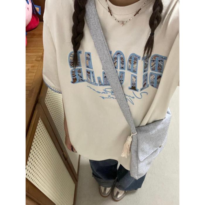 

Women s Loose Fit Short Sleeve Cotton T-Shirt with Embroidered Lettering - Summer 2025 Trendy Slimming Design Medium абрикосовый