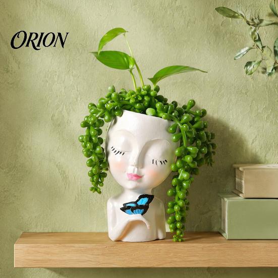 Makeup Brush Holder Creative Resin Girl Portrait Flowerpot for Green Plants Succulents, Holder, Multifunctional Head Vase Vase, Decorative Desktop