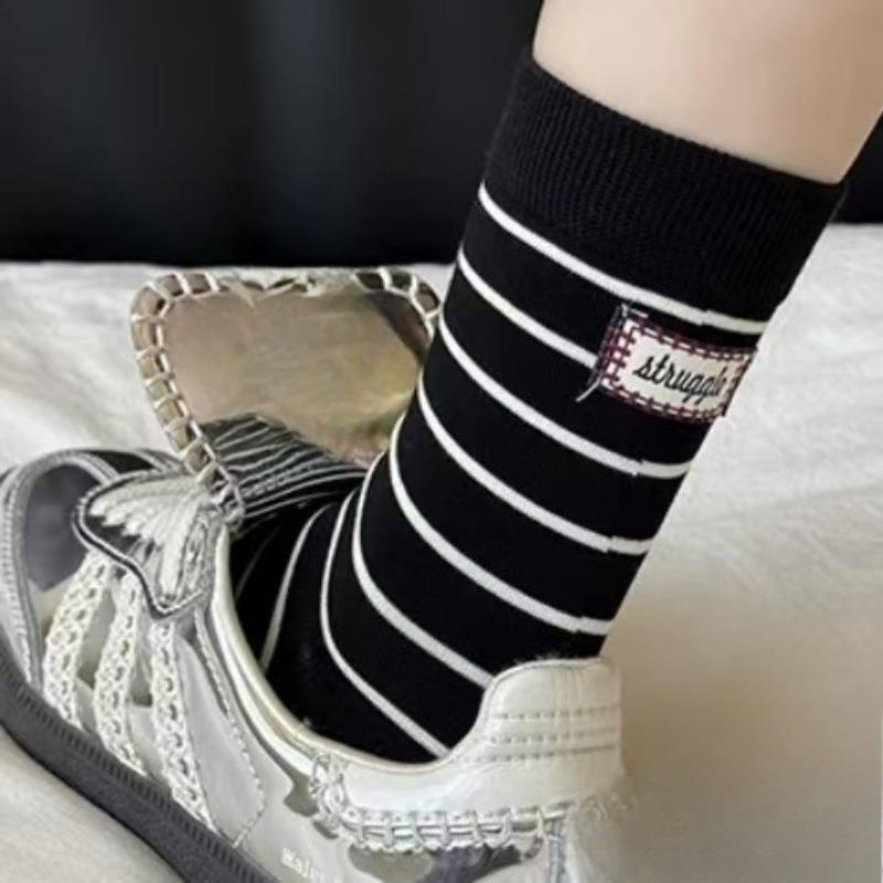

Женские весенне-осенние полосатые преппи носки до середины голени из ткани, стандартные эластичные, впитывающие пот, дышащие, хлопковые 1 pair чёрный/белый
