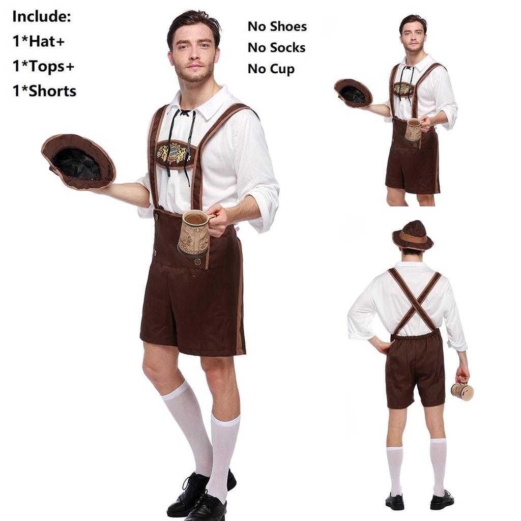 Oktoberfest Men Clothing Stage Costume Cosplay Shirt Suspenders Shorts Hat With
