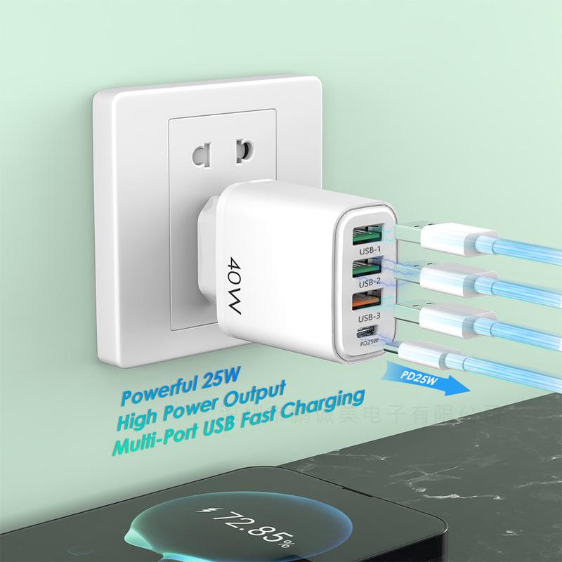 1 TYPE-C + 3 USB Mobile Charger with European/American/British Plug, PD20W + QC3.0 Fast Charging