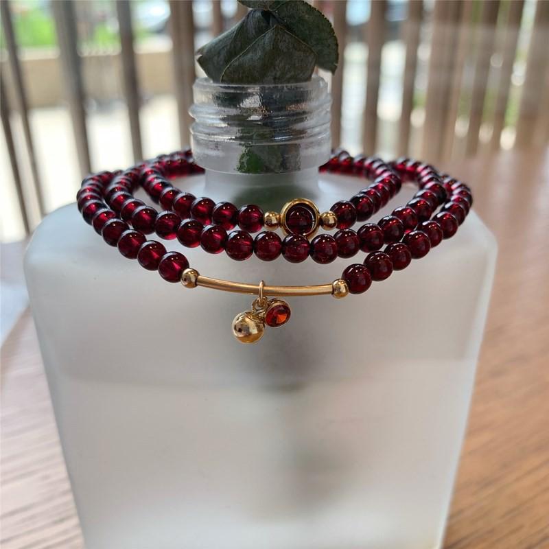 Bracciale con Perle di Cristallo di Granato Rosso Naturale da Donna Perline Rotonde da 4,5 mm Design Multi-Strato Impilabile Gioielli Minimalisti Fatti a Mano