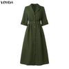 VONDA Womens Casual Lapel Collar Button Down Half Sleeve Office Style A Line Midi Shirt Dress
