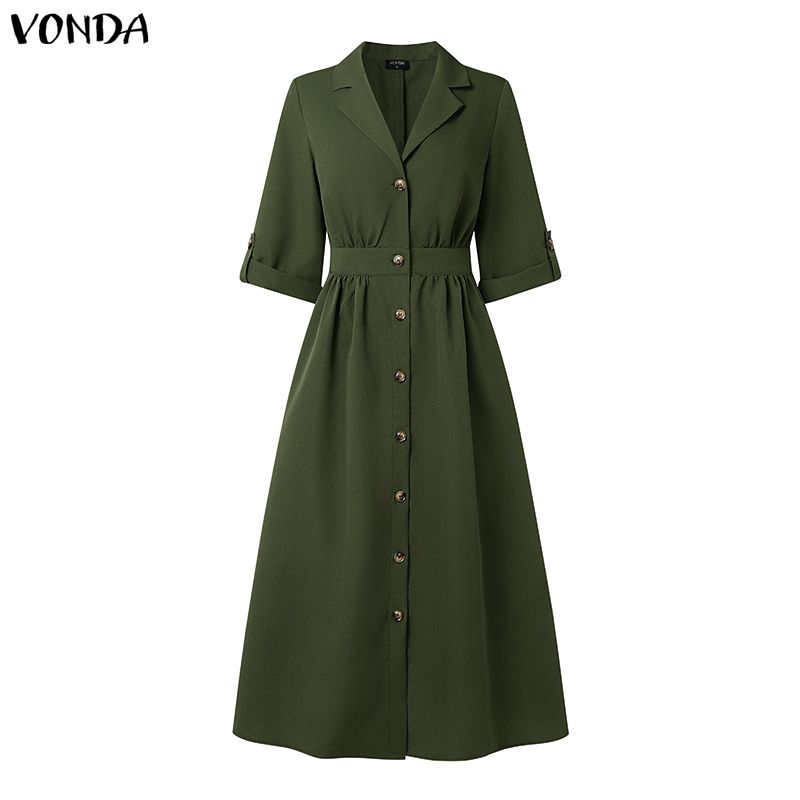 VONDA Womens Casual Lapel Collar Button Down Half Sleeve Office Style A Line Midi Shirt Dress