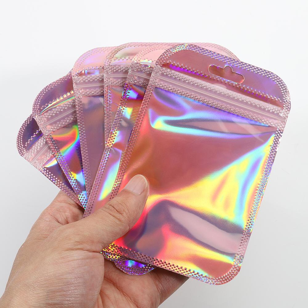 50pcs Iridescent Self Sealing OPP Bags Laser Iridescent Zip lock Resealable Package Pouch Retail DIY Jewelry Storage Accessories
