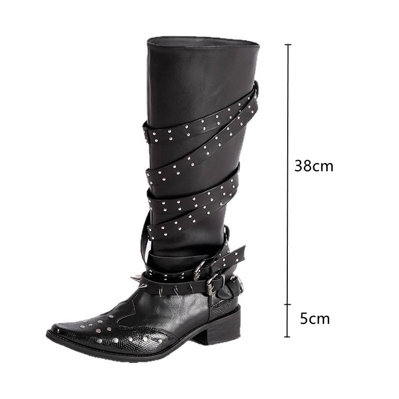 Мода Винтаж Кожа Клепки Шипы Пряжка для ремня Женские Мотоциклетные Сапоги Мода Осень Зима Высокий каблук Панк Ковбой Рыцарь Сапоги Обувь 40 7119₽