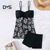 2Pcs/Set Tankini Set Adjustable Straps Padding Underwire Bandeau Tops Boxer Briefs Set Mesh Splicing Design Beach Swimwear