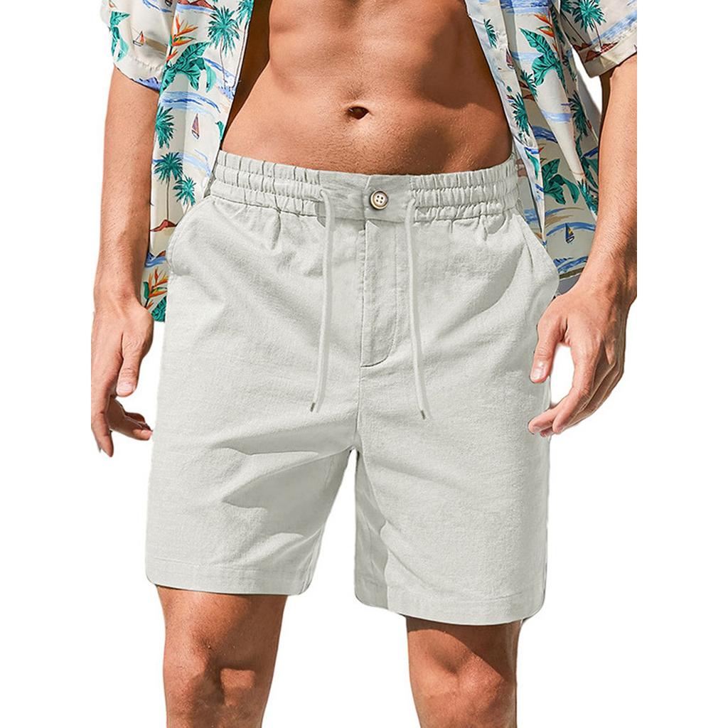 Mens Casual Linen Shorts Elastic Waist Drawstring Summer Beach Vacation Short