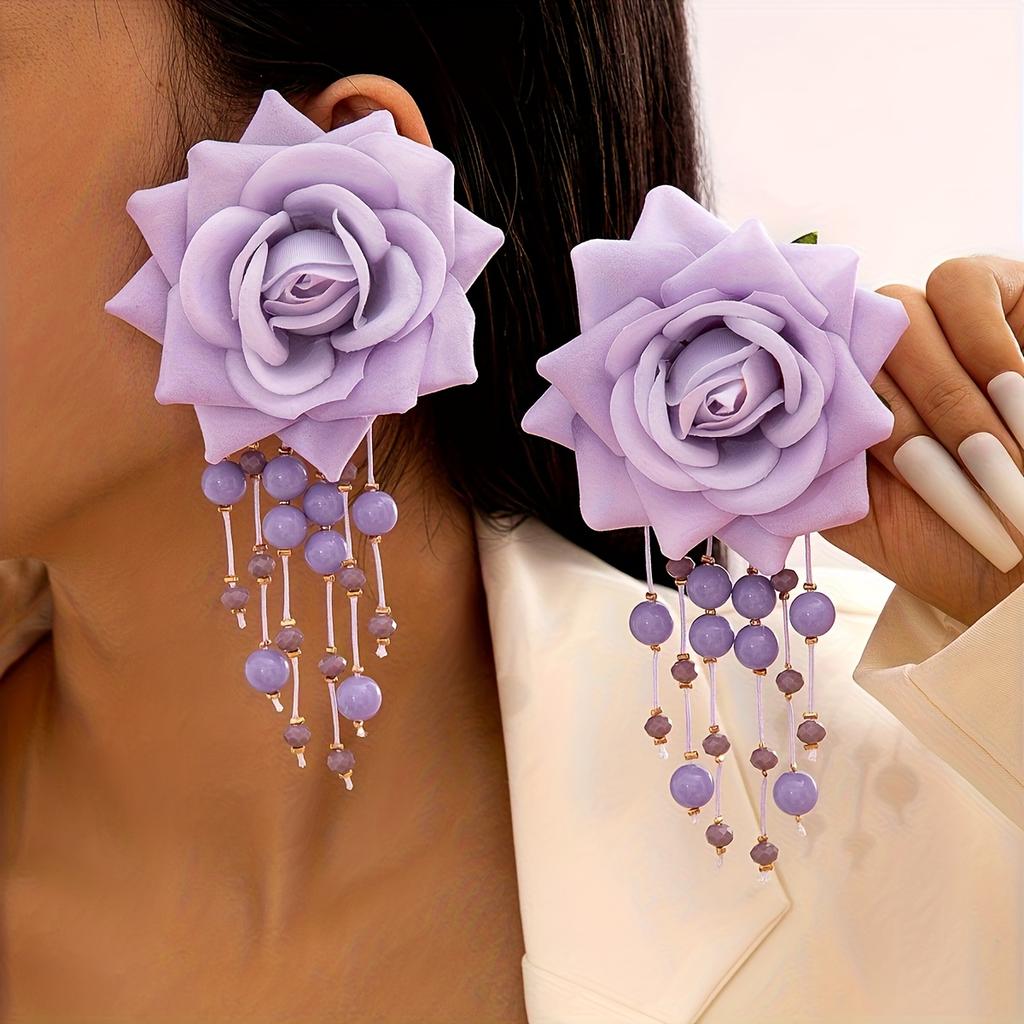 Vintage-Inspired Red Rose Beaded Dangle Earrings - Polyester Fiber, Perfect for Parties & Gifts