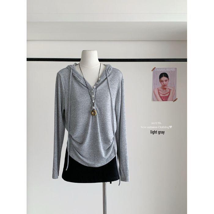 Korean-Style V-Neck Hooded T-Shirt for Women - Casual Loose Fit, Half-Buttoned, Early Autumn Top