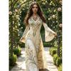Robe Longue Florale Lys Celtique Médiévale Vintage, Manches Évasées Col en V Bohème Elfe pour Fête Cosplay Thème Renaissance