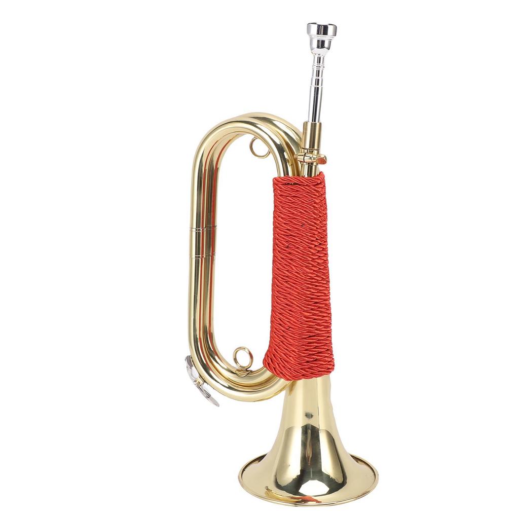 Brass Bugle Gold Plated Cavalry Trumpet with Red Braided Handle for Summer Camp Honor Guard School Band